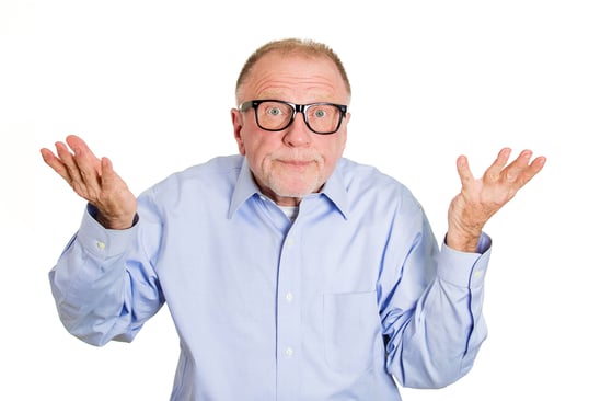 Closeup portrait, dumb clueless senior mature man, arms out asking why whats the problem who cares so what, I dont know. Isolated white background. Negative human emotion facial expression feelings
